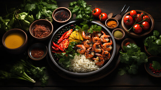 Asian food background with various ingredients on rustic stone background, top view
