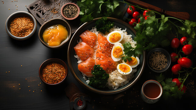 Asian food background with various ingredients on rustic stone background, top view