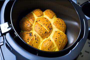 Detail of bread baked in the air fryer, representing the concept of a balanced and economical diet. Generated by AI