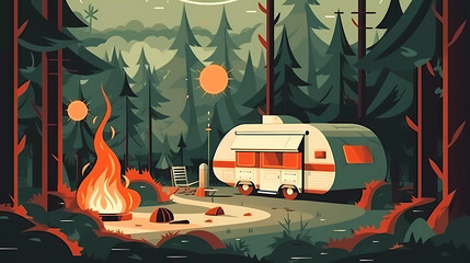 Camping ground with campfire,tent,Recreational vehicle.pine tree background.caping concept.vector illustration. - obrazy, fototapety, plakaty