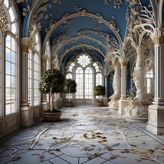 A beautiful blue and white room with ornate molding hallroom.