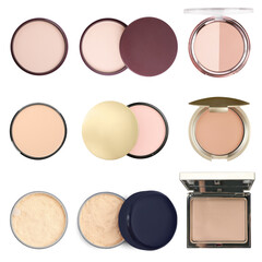 Set with face powders isolated on white, top view