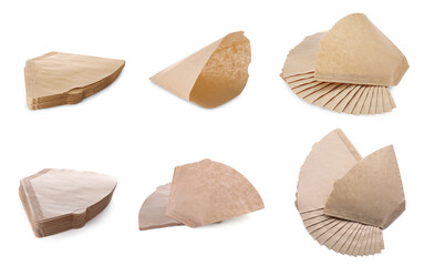 Set with new coffee filters isolated on white