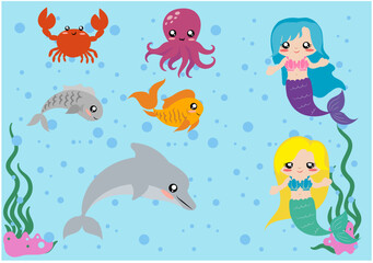 set de animales acuaticos y dos hermosas sirenas, pulpo, delfin, pez, pez dorado, cangrejo, peces, mar, dibujos animados, animal, vector, octopoda, oceáno, acuático, ilustración, delfines, submarino, 