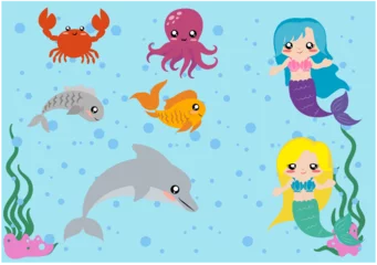 Printed kitchen splashbacks Sea life set de animales acuaticos y dos hermosas sirenas, pulpo, delfin, pez, pez dorado, cangrejo, peces, mar, dibujos animados, animal, vector, octopoda, oceáno, acuático, ilustración, delfines, submarino, 