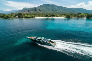 A drone captures a speedy, high-end boat cruising through the stunning turquoise waters of Bali. Generative AI