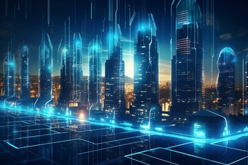 Futuristic city with digital mesh and holograms on blurry background. Emphasizes network, communication, and innovation. Generative AI