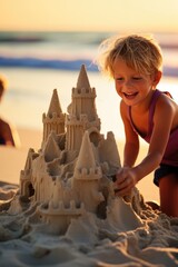 A little girl building a sand castle on the beach. Generative AI.