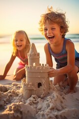 Two little kids playing with a sand castle on the beach. Generative AI.