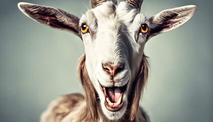 A humorous image of a surprised goat with a quirky expression. Use this image to create funny and entertaining content