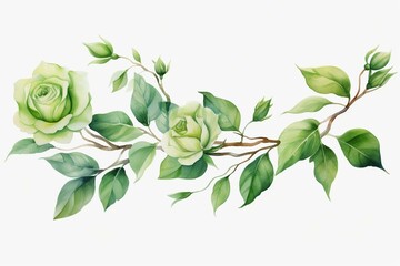 Transparent png file depicting watercolor painting of green rose leaves with thorns. Generative AI
