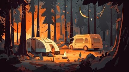 Camping ground with campfire,tent,Recreational vehicle.pine tree background.caping concept.vector illustration. - obrazy, fototapety, plakaty