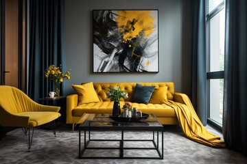 Modern flat with a yellow gold sofa, grey walls, posters, curtains, and a coffee table. Generative AI