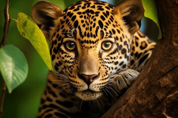 Adorable jaguar on a tree in a vibrant forest. Generative AI