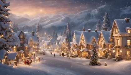 Foto op Canvas A snow-covered winter wonderland with a charming village and illuminated holiday lights, setting the scene for a magical Christmas evening © Max