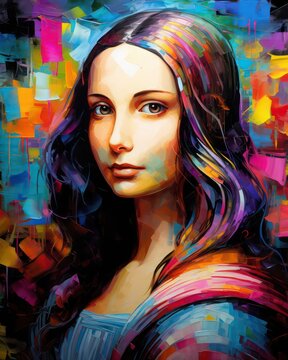 Photo realistic illustration of beautiful woman oil draw, Oil painting in colorful colors, Conceptual abstract picture of the Woman wall art