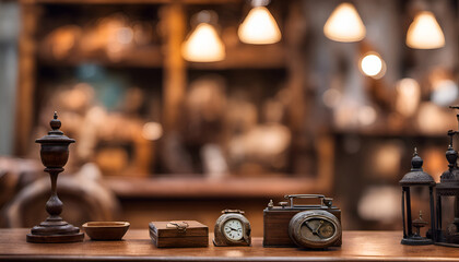Fototapeta na wymiar A vintage wooden table with antique items in front of a blurred antique store scene with bokeh lights. High quality photo, great for antique and vintage product showcases