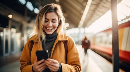 Smiling attractive woman looking at his smart phone at a train station. - obrazy, fototapety, plakaty