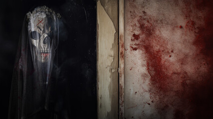 Halloween concept of spooky skull face ghost of bride in veil in old window with misty dark background of haunted abandoned house