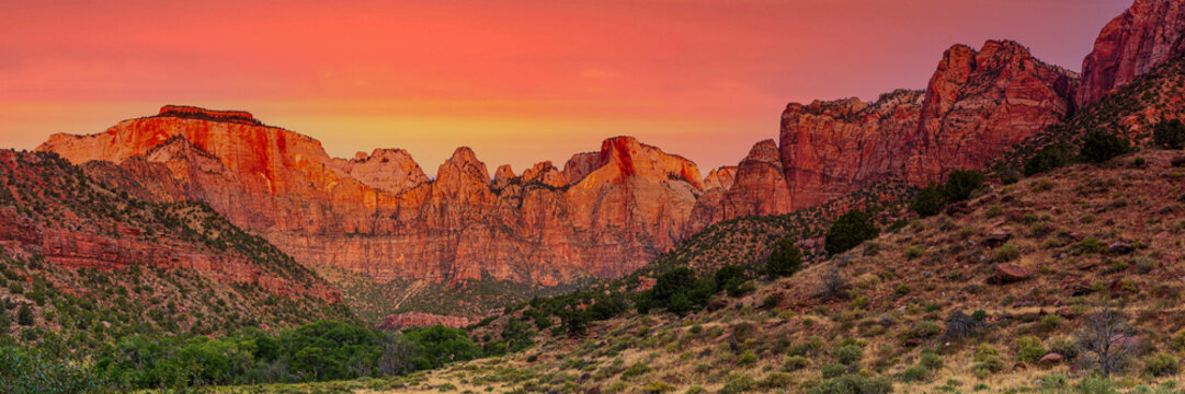 Sunset over Towers of the Virgin in Zion National Park - Powered by Adobe