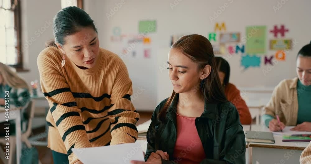 Aufkleber school, education and teacher help student in classroom for learning, check assignment and lesson. c