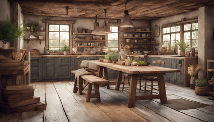 Rustic farmhouse interior, country living charm. A cozy farmhouse interior with rustic elements. Ideal for promoting rustic home decor