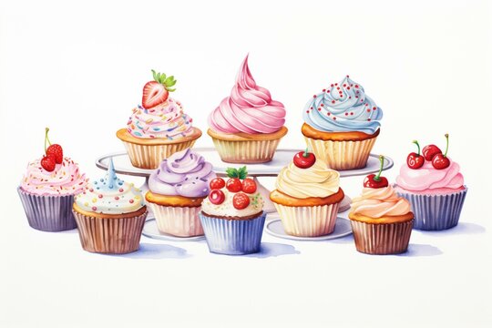 Delicate watercolor cupcakes arranged on a white background amidst a variety of sweet treats. Generative AI