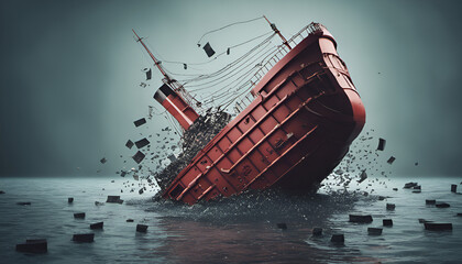 Sinking ship surrounded by debt and financial burdens, bankruptcy concept. An image of a sinking ship symbolizing financial troubles. Ideal for conveying economic collapse - obrazy, fototapety, plakaty