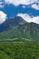 Obraz premium 青空に浮かぶ白い雲の影に覆われた盛夏の赤岳