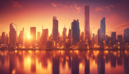 Fototapeta na wymiar Vibrant cityscape at sunset, urban elegance concept. A breathtaking skyline with warm, golden hues