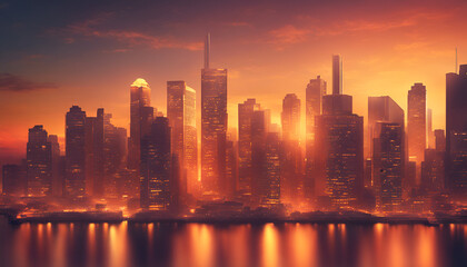 Vibrant cityscape at sunset, urban elegance concept. A breathtaking skyline with warm, golden hues