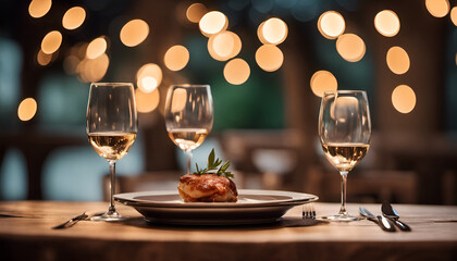 Wooden table set up for a romantic dinner with bokeh lights creating a romantic ambiance. High quality photo, great for showcasing your restaurant or special occasion offerings - obrazy, fototapety, plakaty