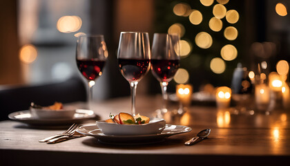 Wooden table set up for a romantic dinner with bokeh lights creating a romantic ambiance. High quality photo, great for showcasing your restaurant or special occasion offerings