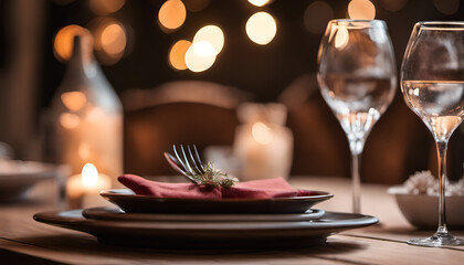 Wooden table set up for a romantic dinner with bokeh lights creating a romantic ambiance. High quality photo, great for showcasing your restaurant or special occasion offerings