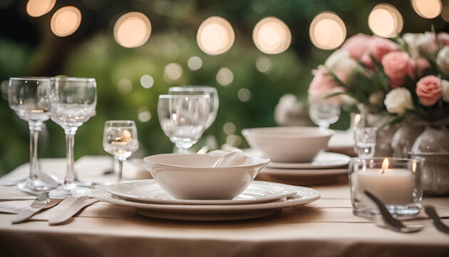 Wooden table set with elegant tableware and flowers against a blurred garden party background with bokeh lights. High quality photo, ideal for event and celebration promotions