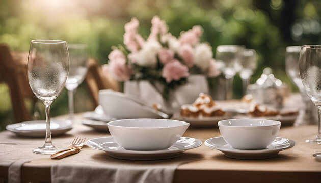 Wooden table set with elegant tableware and flowers against a blurred garden party background with bokeh lights. High quality photo, ideal for event and celebration promotions