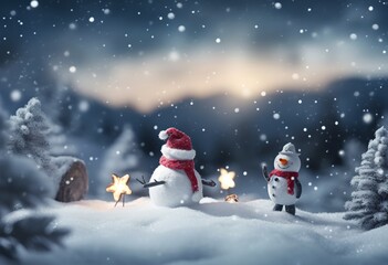 Snowman on winter landscape, generative ai Christmas greeting card.