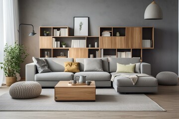 Modern living room with sleek grey sofa, wooden cubes, pillows, plaid, carpet, white vases, and personal accessories. Ample space for arrangement. Generative AI