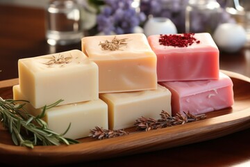 handmade soap bars with herbs and natural additives. spa products and self-care.  - obrazy, fototapety, plakaty