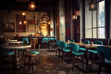 Fototapeta na wymiar Bar restaurant lounge dark interior, generative ai.