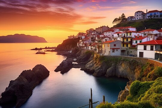 Idyllic sunrise over charming coastal village, Lastres, Asturias, Spain. Generative AI