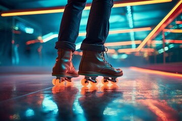 Person roller skating on illuminated rink seen from low perspective. Generative AI