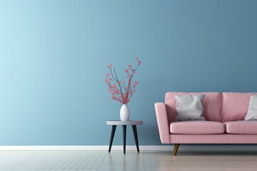 A light blue living room with an empty pink wall. Generative AI