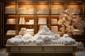 stacks of white towels in a boutique. Home textile, beautiful rolled white bath towels on a shelf. 