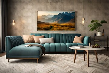Wall mockup in nomadic boho interior background with rustic decor, 3d render. Modern living room