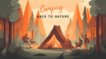Camping ground with Camping lettering, campers around bonfire,tent with pine tree background.vector illustration.