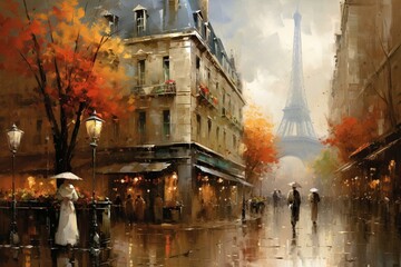 Paris street view captured in an exquisite oil painting. Generative AI