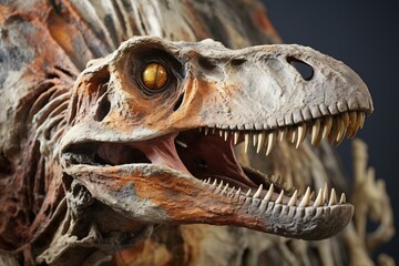 Detailed closeup of petrified velociraptor fossil, with skull and white bones. Generative AI