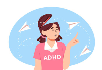 Girl with Adhd concept. Child with mental disorder and psychological illness. Child counts paper air planes and follows them. Problem with attention and concentration. Cartoon flat vector illustration