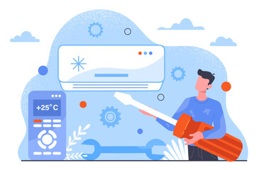 Air conditioner repair concept. Man with screwdriver near cooling system. Repairman fix problems at home. Rennovation and repair. Summer conditioner. Cartoon flat vector illustration